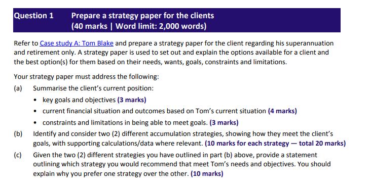 Question 1 Prepare a strategy paper for the clients (40 marks | Word limit: 2,000 words) Refer to Case study