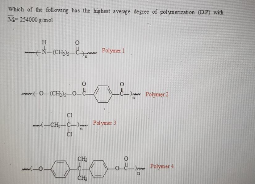 Which of the following has the highest average degree of polymerization (DP) with M-254000 g/mol H N(CH);