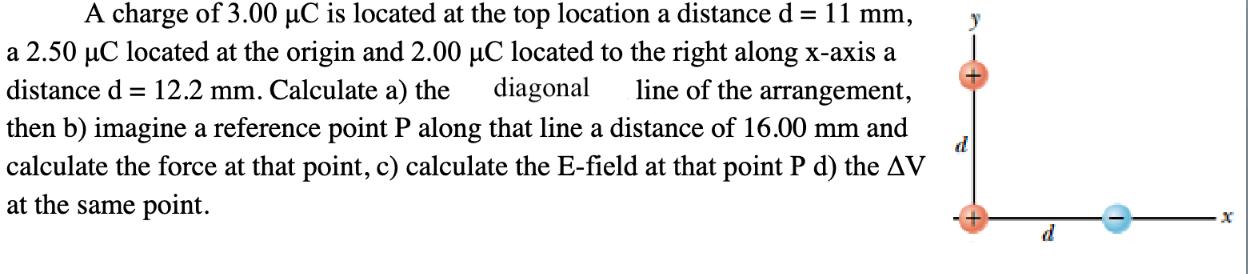 A charge of 3.00 C is located at the top location a distance d = 11 mm, a 2.50 C located at the origin and