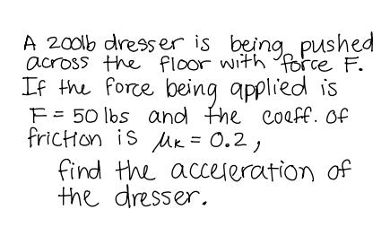 A 2001b dresser is being pushed across the floor with force F. If the force being applied is F = 50 lbs and