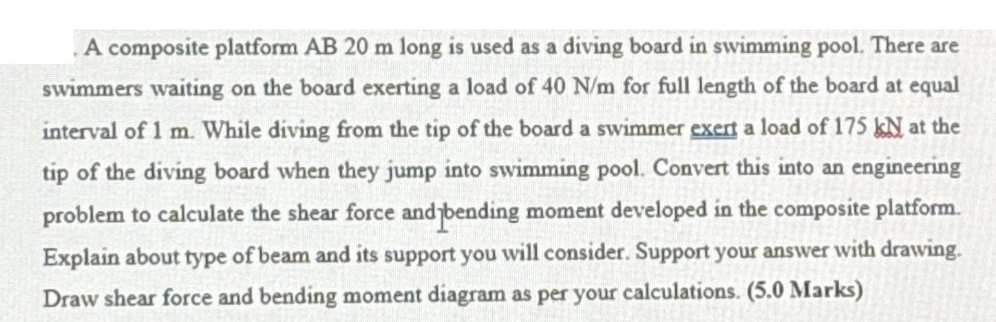 A composite platform AB 20 m long is used as a diving board in swimming pool. There are swimmers waiting on