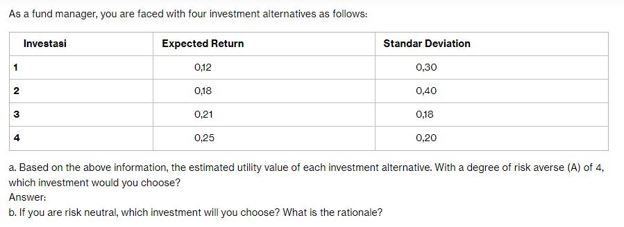 As a fund manager, you are faced with four investment alternatives as follows: Expected Return 1 2 3 4