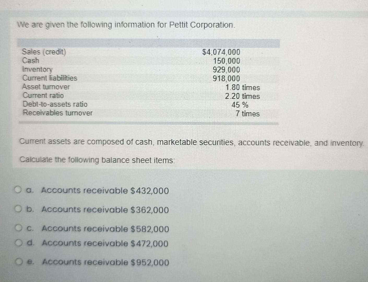 We are given the following information for Pettit Corporation. Sales (credit) Cash Inventory Current