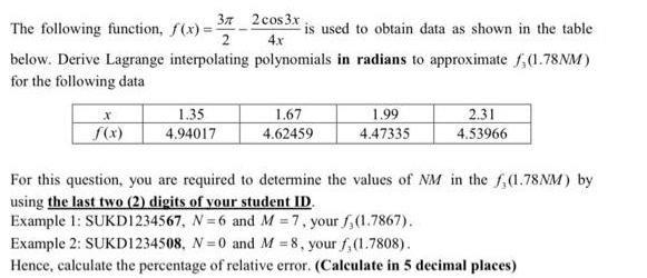 The following function, f(x) is used to obtain data as shown in the table below. Derive Lagrange