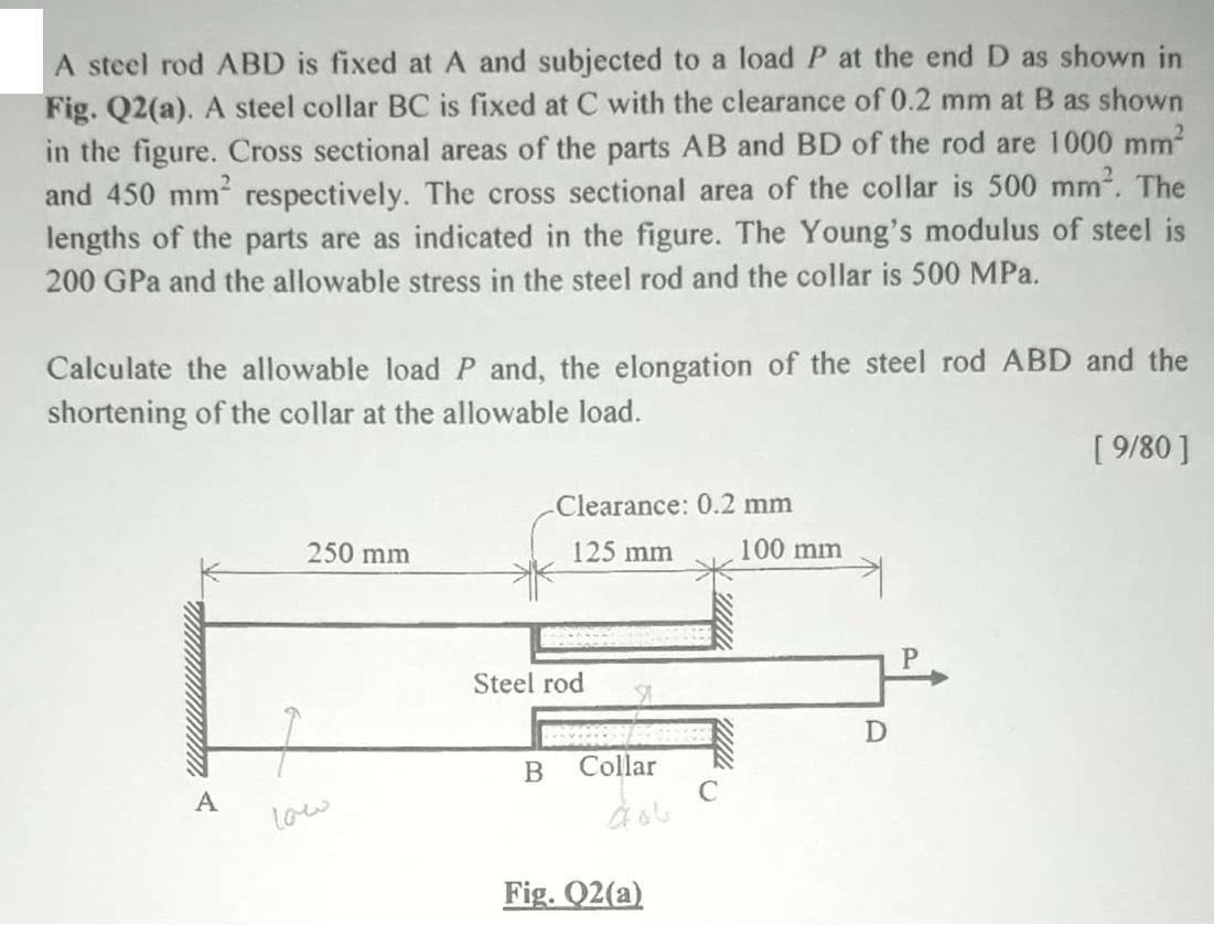 A steel rod ABD is fixed at A and subjected to a load P at the end D as shown in Fig. Q2(a). A steel collar