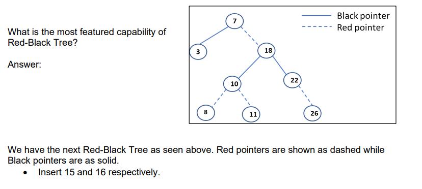 What is the most featured capability of Red-Black Tree? Answer: 3 7 10 11 18 22) 26 Black pointer Red pointer
