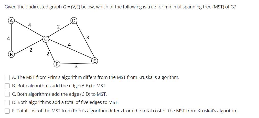 Given the undirected graph G = (V,E) below, which of the following is true for minimal spanning tree (MST) of