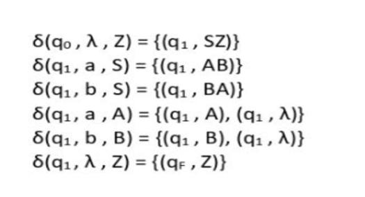 8(qo,A, Z) = {(q, SZ)} 8(q, a, S) = {(q, AB)} 8(q, b, S) = {(q, BA)} 8(q, a, A) = {(q, A), (q, ^)} 8(q, b, B)