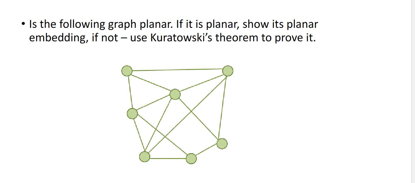 Is the following graph planar. If it is planar, show its planar embedding, if not use Kuratowski's theorem to
