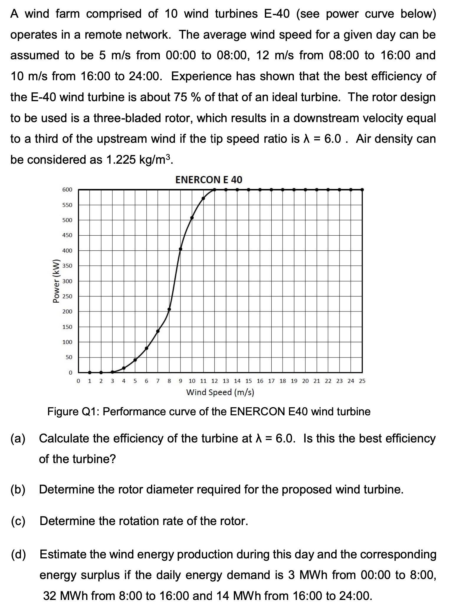 A wind farm comprised of 10 wind turbines E-40 (see power curve below) operates in a remote network. The