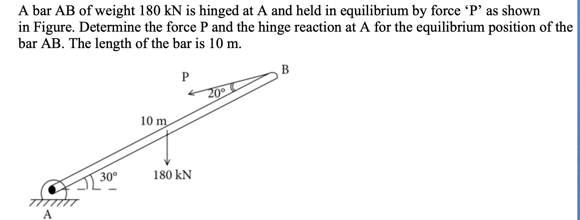 A bar AB of weight 180 kN is hinged at A and held in equilibrium by force 'P' as shown in Figure. Determine