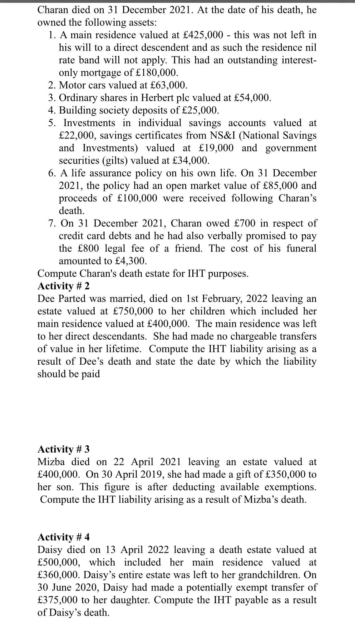 Charan died on 31 December 2021. At the date of his death, he owned the following assets: 1. A main residence