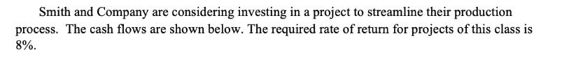 Smith and Company are considering investing in a project to streamline their production process. The cash