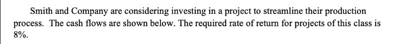 Smith and Company are considering investing in a project to streamline their production process. The cash