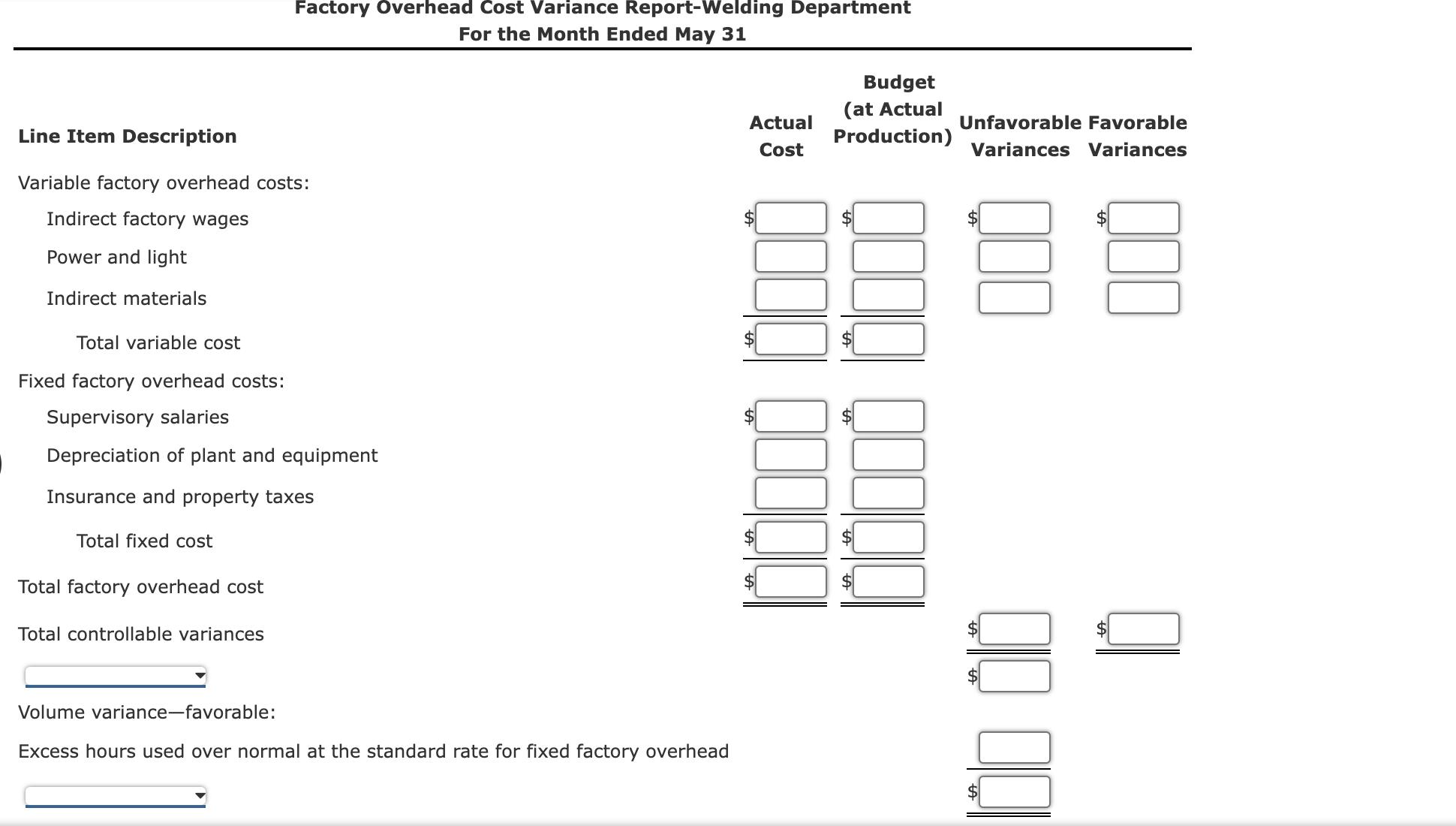 1 Line Item Description Variable factory overhead costs: Indirect factory wages Power and light Indirect