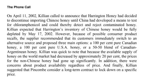 The Phone Call On April 11, 2002, Killian called to announce that Harrington Honey had decided to discontinue