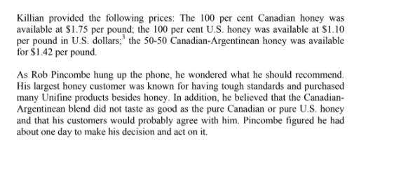 Killian provided the following prices: The 100 per cent Canadian honey was available at $1.75 per pound; the