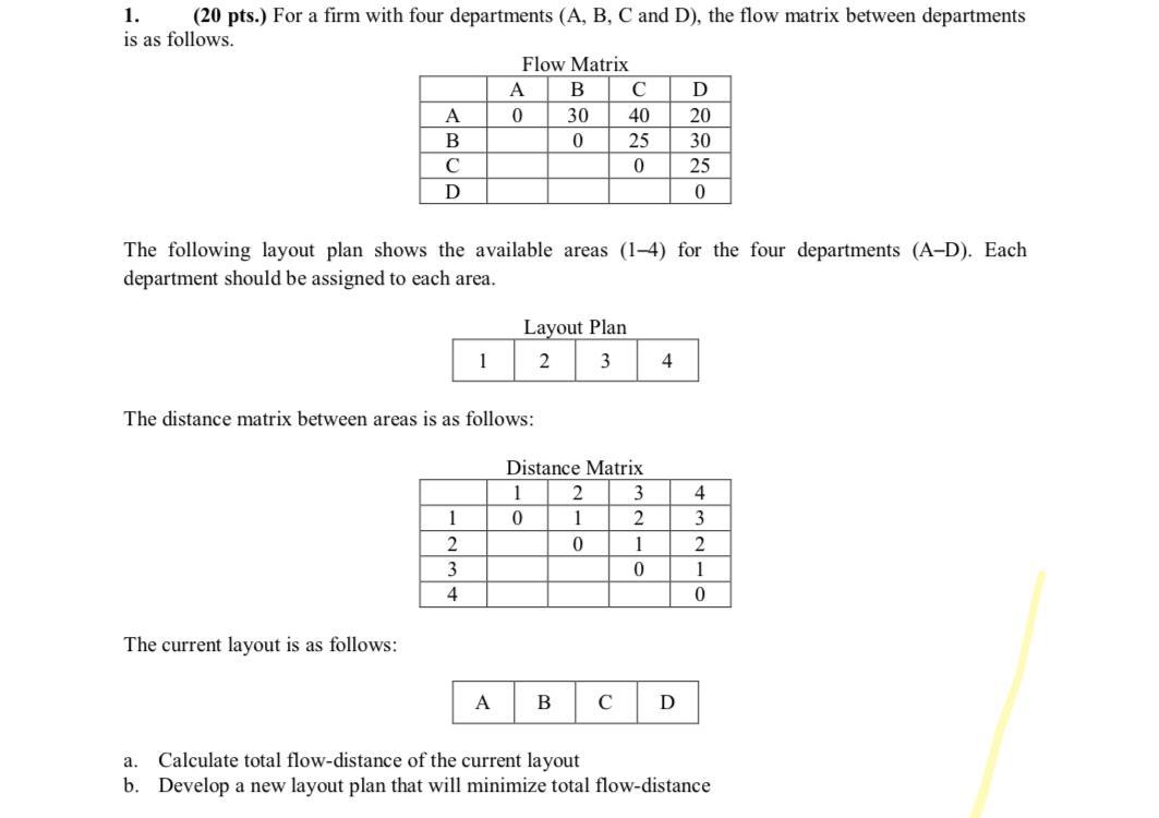 1. (20 pts.) For a firm with four departments (A, B, C and D), the flow matrix between departments is as