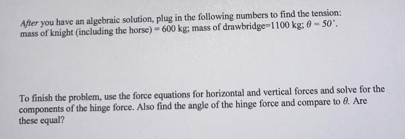 After you have an algebraic solution, plug in the following numbers to find the tension: mass of knight