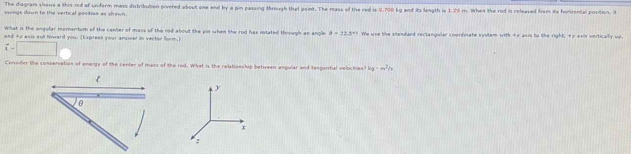 The diagram shows a thin rod of uniform mass distribution pivoted about one end by a pin passing through that