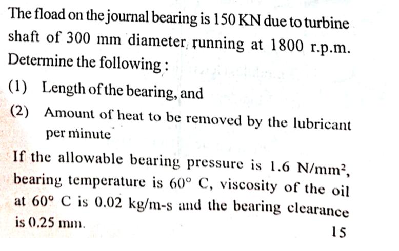 The fload on the journal bearing is 150 KN due to turbine shaft of 300 mm diameter running at 1800 r.p.m.