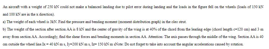 An aircraft with a weight of 250 kN could not make a balanced landing due to pilot error during landing and