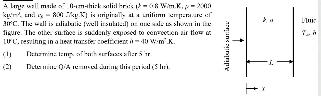 = A large wall made of 10-cm-thick solid brick (k = 0.8 W/m.K, p = 2000 kg/m, and cp 800 J/kg.K) is