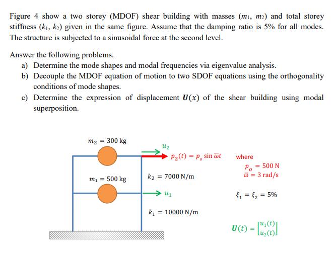 Figure 4 show a two storey (MDOF) shear building with masses (mi, m2) and total storey stiffness (k, k) given