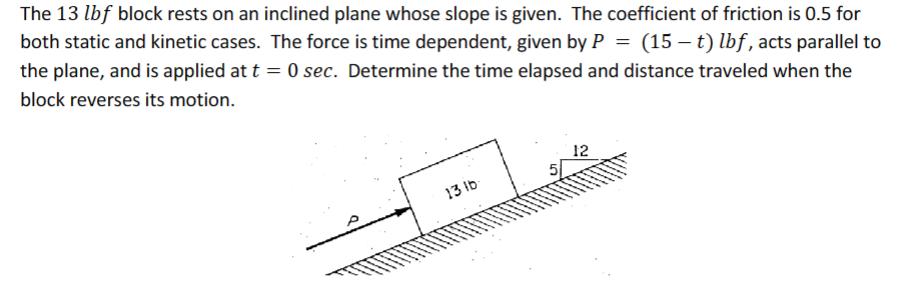 The 13 lbf block rests on an inclined plane whose slope is given. The coefficient of friction is 0.5 for both