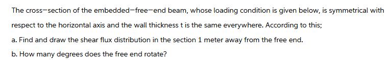 The cross-section of the embedded-free-end beam, whose loading condition is given below, is symmetrical with