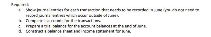 Required: a. Show journal entries for each transaction that needs to be recorded in June (you do not need to