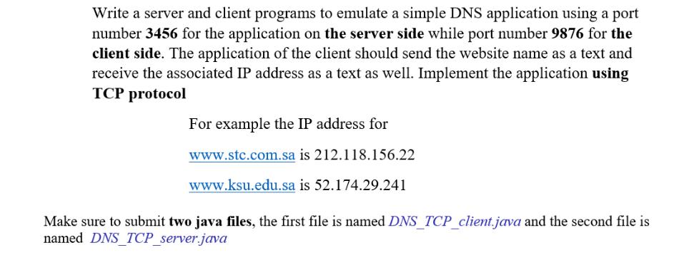 Write a server and client programs to emulate a simple DNS application using a port number 3456 for the