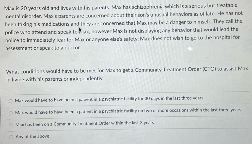 Max is 20 years old and lives with his parents. Max has schizophrenia which is a serious but treatable mental