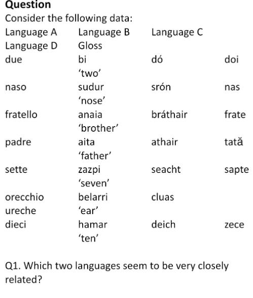 Question Consider the following data: Language A Language B Language D Gloss due bi naso fratello padre sette