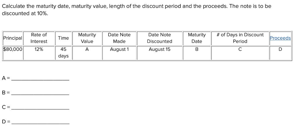 Calculate the maturity date, maturity value, length of the discount period and the proceeds. The note is to