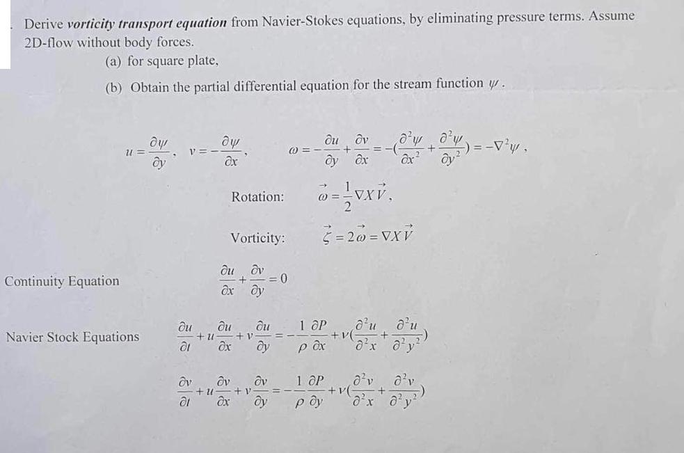 Derive vorticity transport equation from Navier-Stokes equations, by eliminating pressure terms. Assume