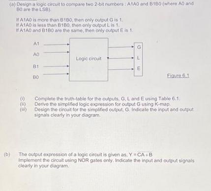 (a) Design a logic circuit to compare two 2-bit numbers: A1A0 and 8180 (where AO and BO are the LSB). (b) If