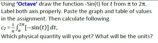 Using 'Octave' draw the function -Sin(t) for t from to 2. Label both axis properly. Paste the graph and table