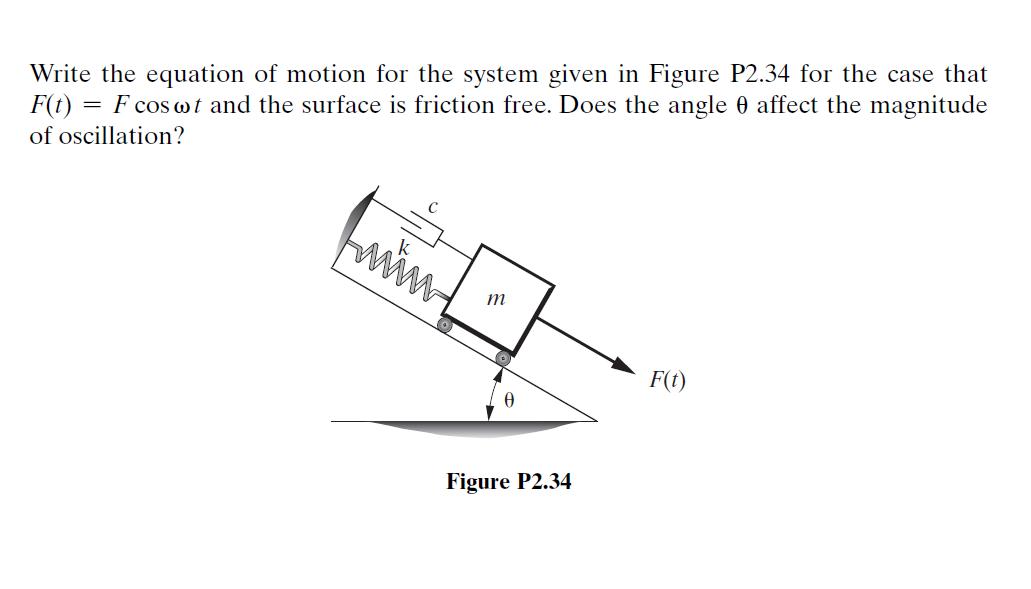 Write the equation of motion for the system given in Figure P2.34 for the case that F(t)= F coswt and the