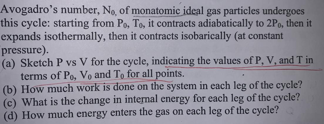Avogadro's number, No, of monatomic ideal gas particles undergoes this cycle: starting from Po, To, it