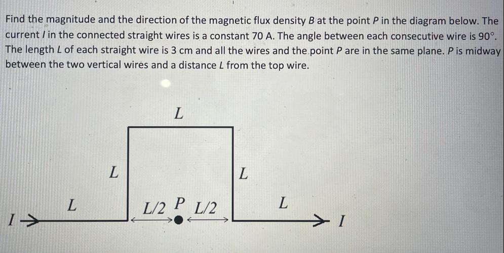 Find the magnitude and the direction of the magnetic flux density B at the point P in the diagram below. The