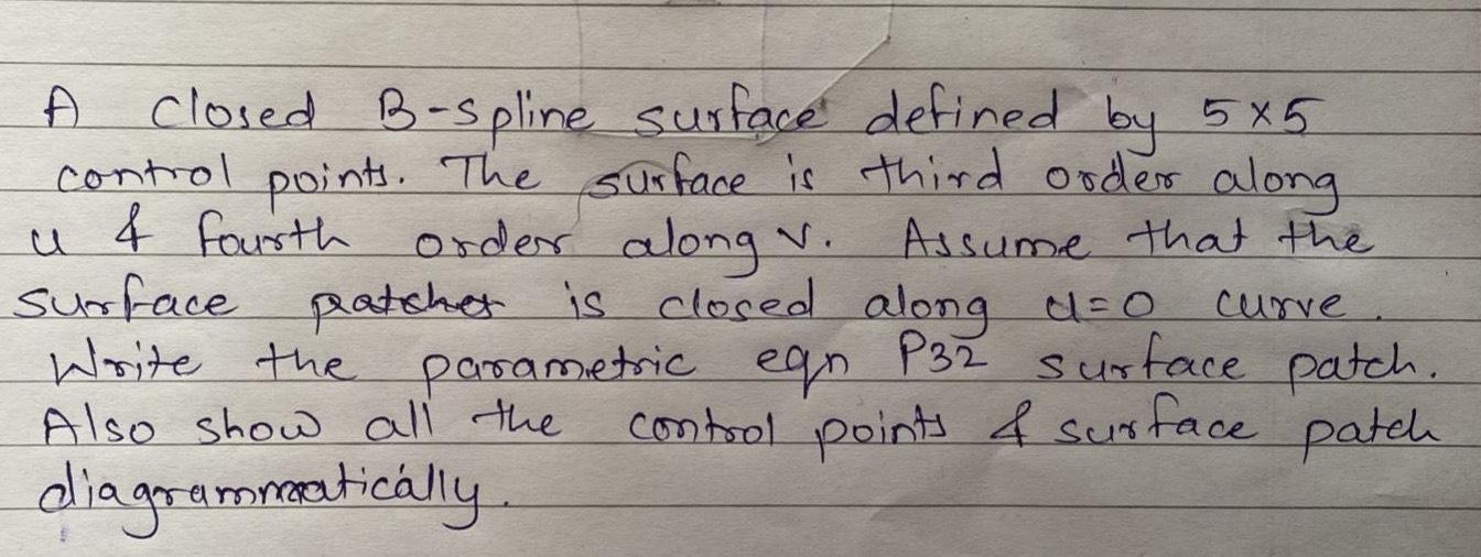 A Closed B-spline surface defined by 5x5 control points. The surface is third order along u & 4 Fourth order