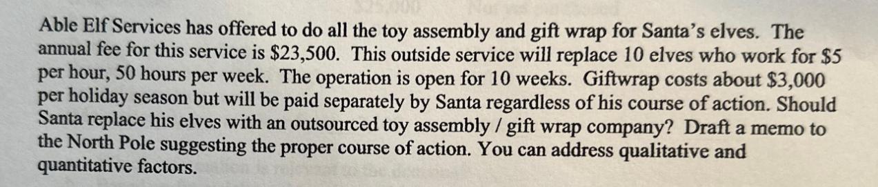 Able Elf Services has offered to do all the toy assembly and gift wrap for Santa's elves. The annual fee for