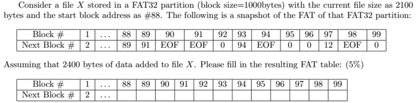 Consider a file X stored in a FAT32 partition (block size=1000bytes) with the current file size as 2100 bytes