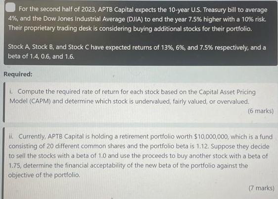 For the second half of 2023, APTB Capital expects the 10-year U.S. Treasury bill to average 4%, and the Dow
