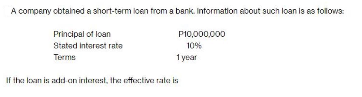 A company obtained a short-term loan from a bank. Information about such loan is as follows: Principal of