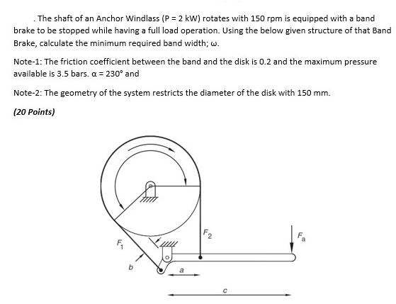 .The shaft of an Anchor Windlass (P=2 kW) rotates with 150 rpm is equipped with a band brake to be stopped