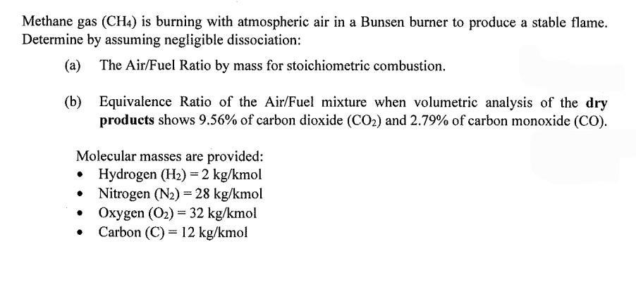 Methane gas (CH4) is burning with atmospheric air in a Bunsen burner to produce a stable flame. Determine by