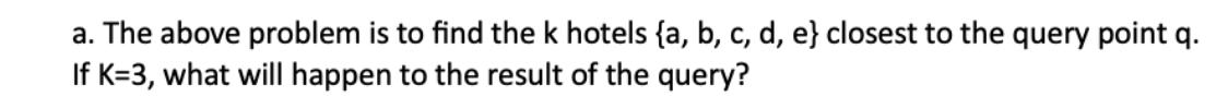 a. The above problem is to find the k hotels {a, b, c, d, e} closest to the query point q. If K=3, what will