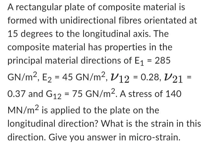 A rectangular plate of composite material is formed with unidirectional fibres orientated at 15 degrees to